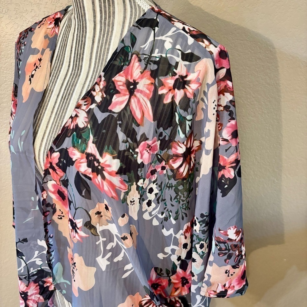 Open Cardigan Blouse Large Grey Floral Pink Gold Peach Sheer Mandarin - Picture 6 of 14